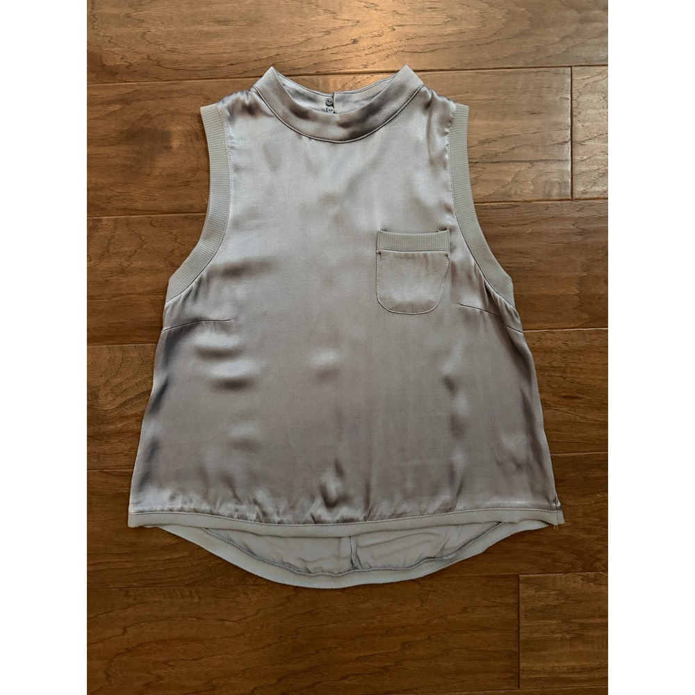 Fate Womens Steel Blue Grey Satin Mock Neck Sleeveless Top Size M Pocket Blouse